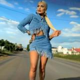 Women Denim Casual Stretchy Tassel Top and Skirt Two-Piece Set