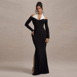 Women contrast Halter Neck Bodycon Elegant Fishtail Maxi Dress