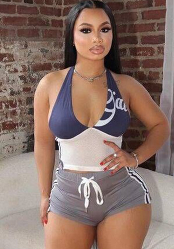 Women Patchwork printed sexy Halter Neck vest lace-up shorts two-piece set