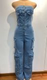 Women Strapless Button Cargo Jumpsuit