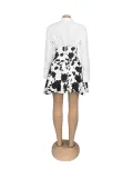 Women gold button puffy skirt shirt and printed Skirt Two Piece Set