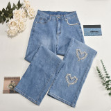 Women summer Style hollow Beaded washed Denim trousers