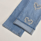 Women summer Style hollow Beaded washed Denim trousers