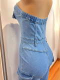 Women Strapless Button Cargo Jumpsuit