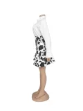 Women gold button puffy skirt shirt and printed Skirt Two Piece Set