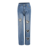Women summer Style hollow Beaded washed Denim trousers