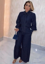 Women Lace-Up lantern sleeve shirt And wide-leg pants two-piece set