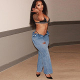 Women summer Style hollow Beaded washed Denim trousers
