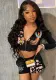 Women Fall Street Print Casual Long Sleeve Zipper Jacket Shorts Two-Piece Set