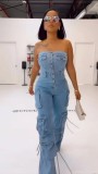 Women Strapless Button Cargo Jumpsuit