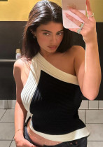 Women summer black and white contrast sexy Halter Neck lace Slash Shoulder Top