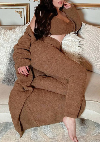 Women autumn and winter Solid Casual Round Neck trousers plush Pajama Three-Piece