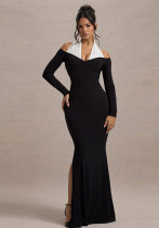 Women contrast Halter Neck Bodycon Elegant Fishtail Maxi Dress