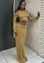 Women autumn Crop Off Shoulder long sleeve Top and Skirt two-piece set