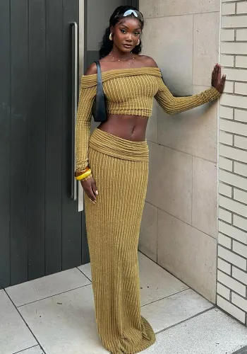 Women autumn Crop Off Shoulder long sleeve Top and Skirt two-piece set