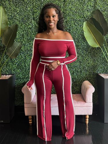 Autumn Women's Clothing Slim Fit Sexy Contrast Color Off Shoulder Long Sleeve Two Piece Pants Set