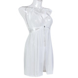 Women's Sexy Lingerie White Strap Mesh See-Through Nightdress Two-Piece Set