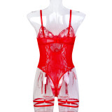 Christmas Valentine's Day Red Sexy Lingerie Rose Flower Embroidery Lace-Up Cross Bodysuit