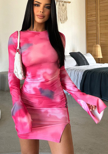 Women's Round Neck Long Sleeve Printed Chic Elegant Bodycon Dress