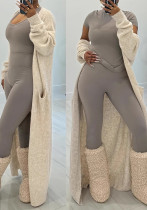 Autumn Winter Solid Knitting Pocket Fashion Casual Long-Sleeved Sweater Coat