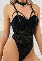 Sexy Temptation Low Back Strap Lace Patchwork Hollow Bodysuit