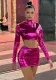 Autumn Sexy Rose Red Slim Long Sleeve Crop Two Piece Skirt Set