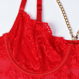 Sexy Lingerie Red Lace Metal Chain See-Through Mesh Tutu Skirt Four-Piece Set