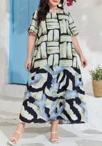 Plus Size Women's Career Chic Autumn Fashion Printed Loose Short Sleeve Long Dresses