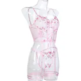 Pink Embroidery Floral Lace-Up Sexy Three-Piece Lingerie Set