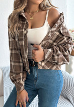 Autumn Winter Casual Plaid Fake Pocket Long Sleeve Women Tweed Jacket