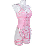 Christmas Valentine's Day Red Sexy Lingerie Rose Flower Embroidery Lace-Up Cross Bodysuit