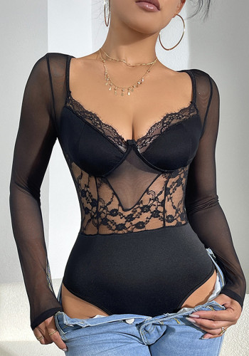 Black Sexy Lace See-Through Mesh Patchwork Slim Long Sleeve Bodysuit For Women