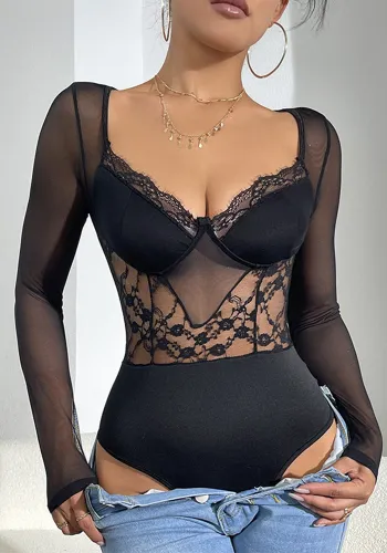 Black Sexy Lace See-Through Mesh Patchwork Slim Long Sleeve Bodysuit For Women