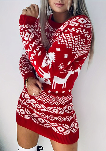 Autumn Winter Knitting Sweater Women Christmas Knitting Long-Sleeved Fashion Loose Dress