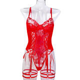 Christmas Valentine's Day Red Sexy Lingerie Rose Flower Embroidery Lace-Up Cross Bodysuit