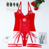 Christmas Valentine's Day Red Sexy Lingerie Rose Flower Embroidery Lace-Up Cross Bodysuit