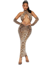 Leopard Print Sexy Dress Sequins Hollow Halter Neck Low Back Split Sleeve Formal Party Gown