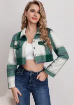 Spring Summer Women's Casual Single-Breasted Turndown Collar Plaid Long Sleeve Jacket