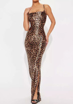 Women's Leopard Print Strap Beach Long Dress