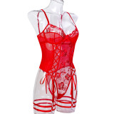 Christmas Valentine's Day Red Sexy Lingerie Rose Flower Embroidery Lace-Up Cross Bodysuit