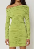 Autumn Winter Chic Solid Round Neck Long Sleeve Pleated Slim Dress