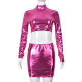 Autumn Sexy Rose Red Slim Long Sleeve Crop Two Piece Skirt Set