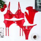 Christmas Valentine's Day Red Sexy Lace Patchwork Four-Piece Sexy Lingerie Set