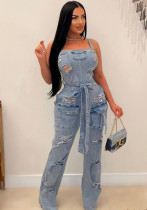 Summer Pocket Ripped Strap Belt Denim Jumpsuit For Women