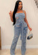 Summer Pocket Ripped Strap Belt Denim Jumpsuit For Women