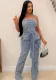 Summer Pocket Ripped Strap Belt Denim Jumpsuit For Women