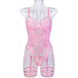 Christmas Valentine's Day Red Sexy Lingerie Rose Flower Embroidery Lace-Up Cross Bodysuit