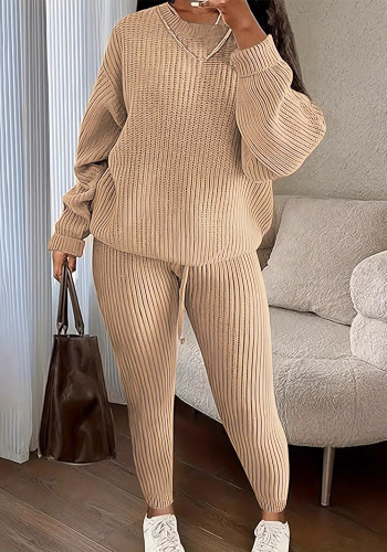 Women's Autumn Winter Knitting Round Neck Top Fashion Pants Two Piece Set