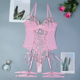 Christmas Valentine's Day Red Sexy Lingerie Rose Flower Embroidery Lace-Up Cross Bodysuit