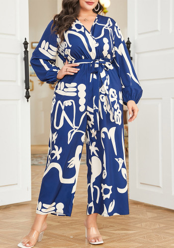 Printed Wrap V-Neck Long Sleeve Slim Waist Straight Loose Le Long Jumpsuit